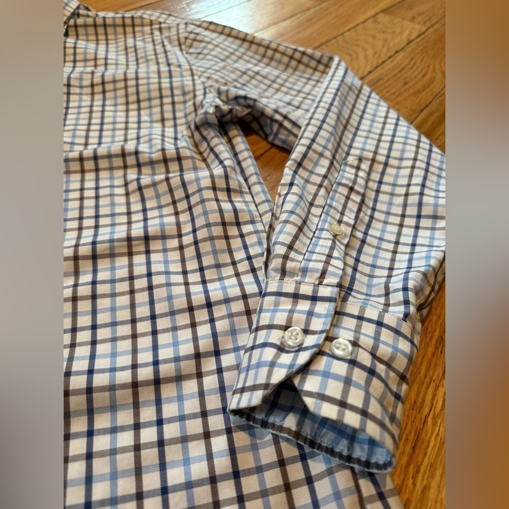 Peter Millar Nanoluxe Easy Care Shirt Blue/White/Brown Check Men Sz M 15.5 Reg - Picture 3 of 12